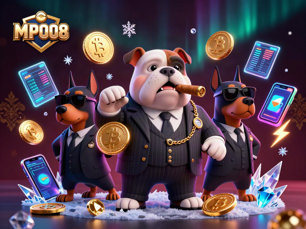 MPO08 showcases a 3D mafia-themed casino scene filled with Bitcoin and Ethereum elements for online gamblers.