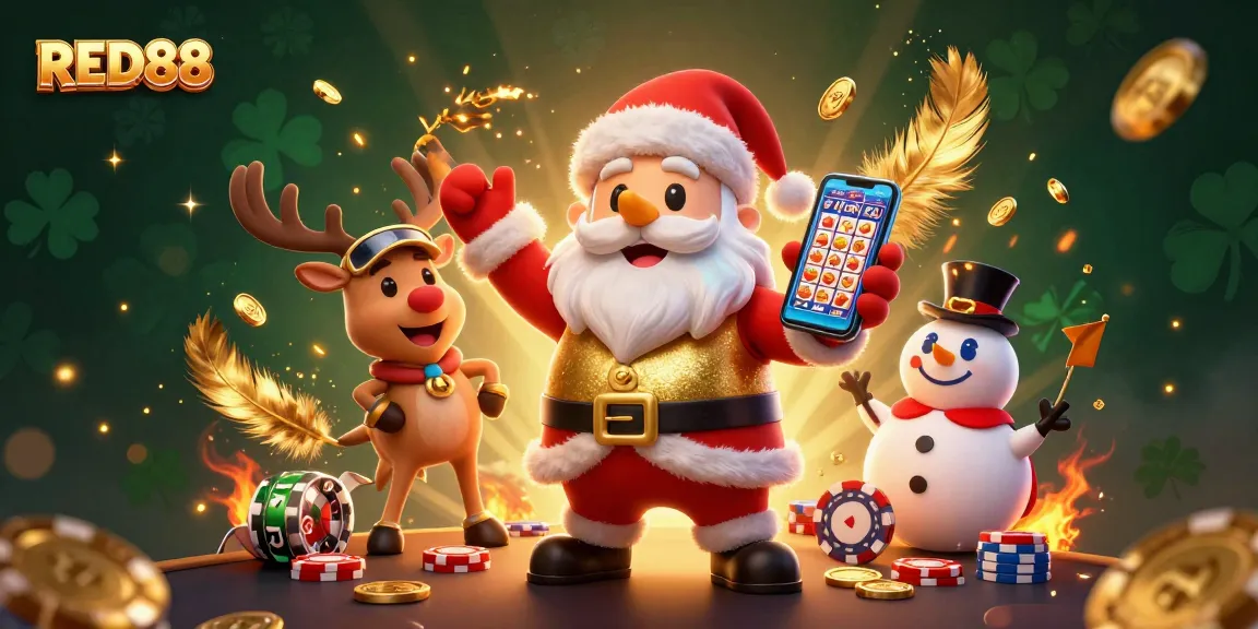 Experience the thrill of winning at RED88 with Santa, a dealer reindeer, and a poker chip snowman!