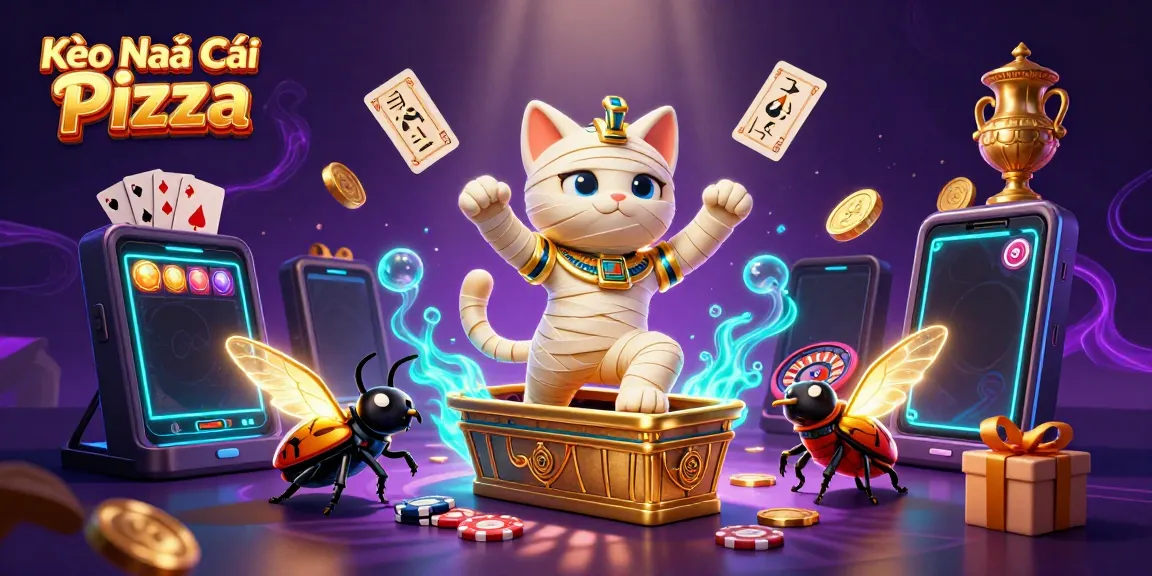 Spin through the thrilling Kèo Nhà Cái Pizza scene with a mummy cat, golden coins, and casino elements!
