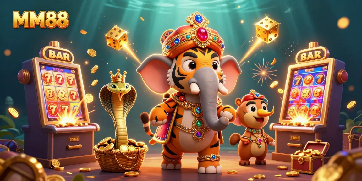 Experience jackpot thrills with MM88's vibrant casino scene featuring dynamic characters and game elements.
