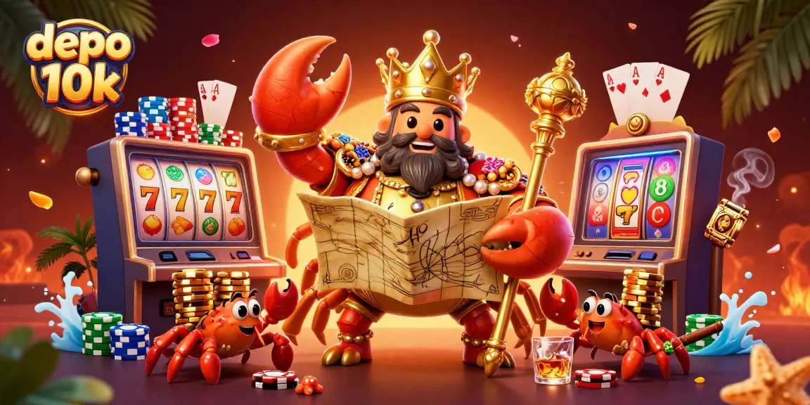 Spin the reels at depo 10k casino with a lavish crab emperor amidst vibrant poker chips.