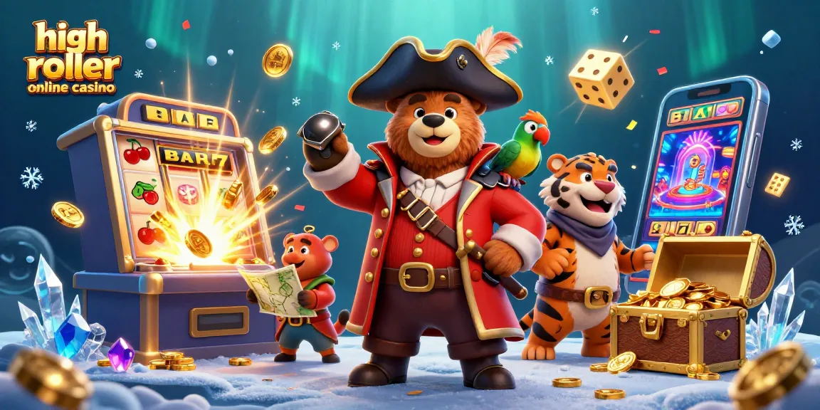Engage with high roller online casino excitement through vibrant characters, slot machines, and gold treasures.