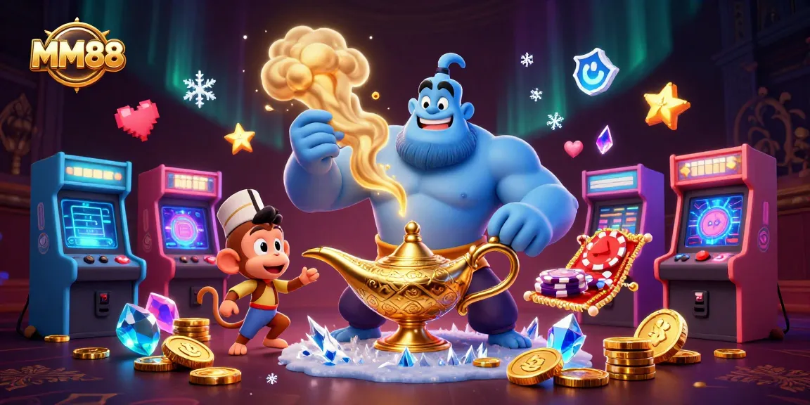 Experience thrilling moments with MM88's vibrant casino gaming scene featuring a magical genie and poker chips