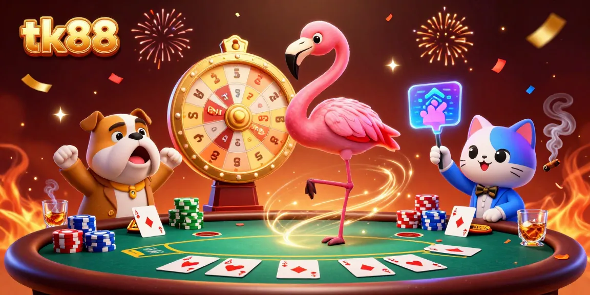 Engaging scene featuring tk88 prize wheel with excited bulldog contestant and flamingo host in vibrant casino