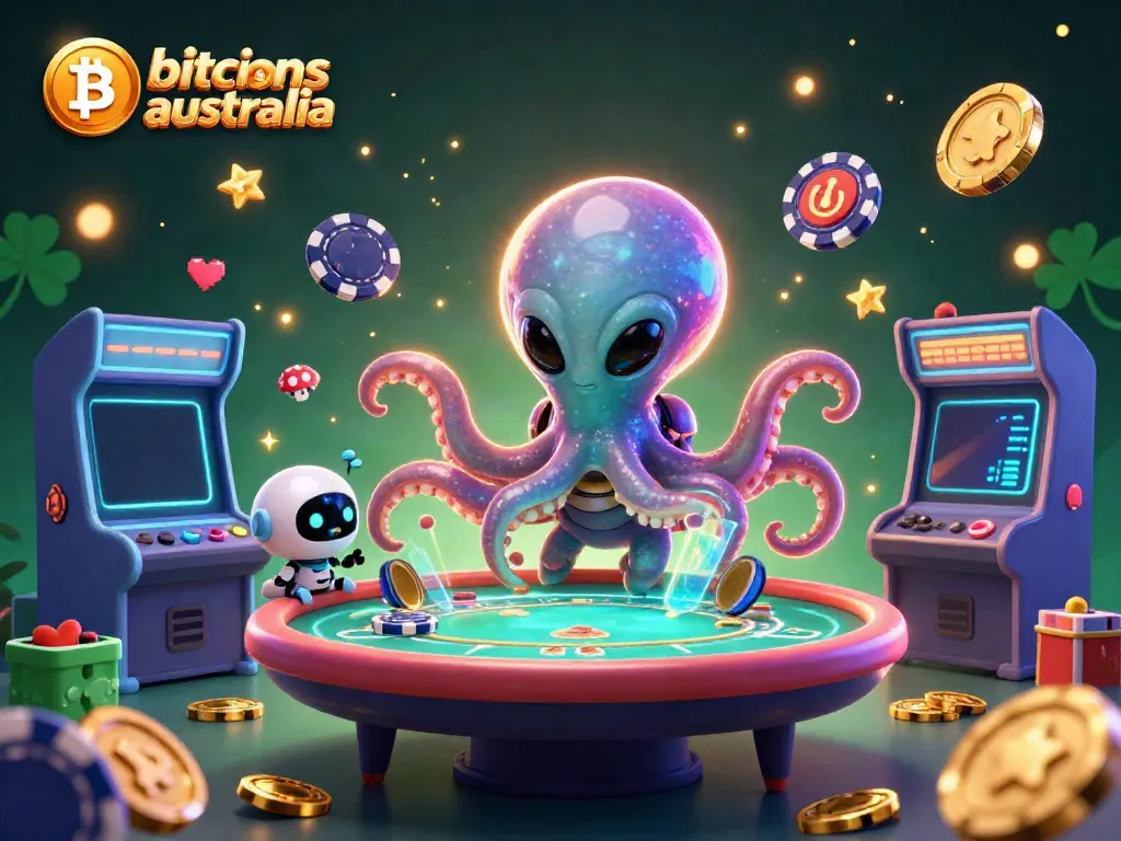 Join the fun at bitcoin casinos Australia with an alien octopus dealer, vibrant game elements, and cosmic energy!