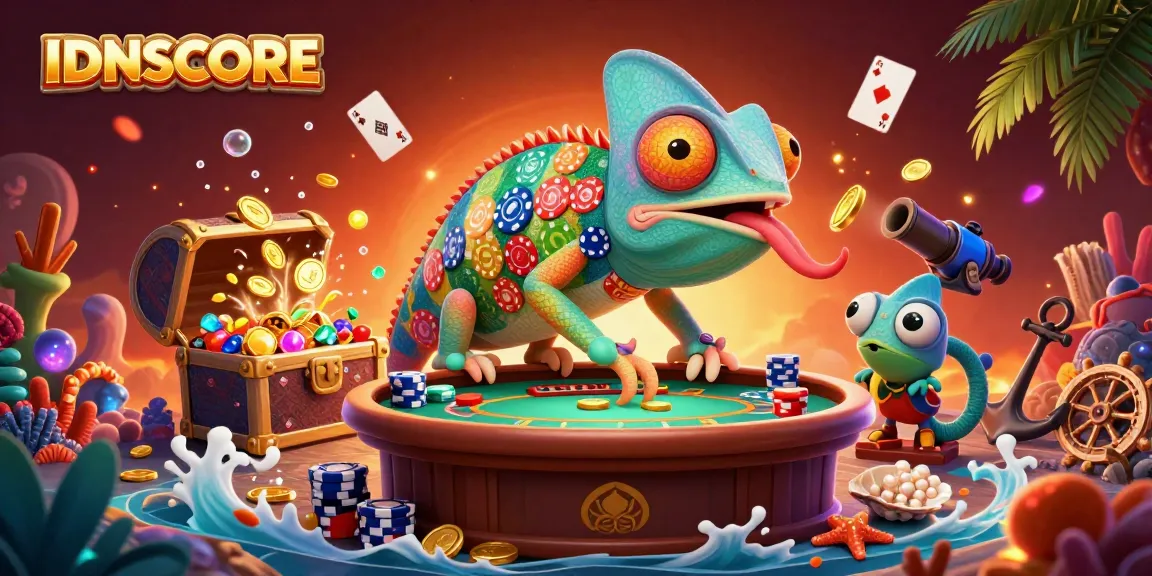 IDNSCORE chameleon casino owner delights customers while collecting golden coins in a vibrant 3D casino scene.