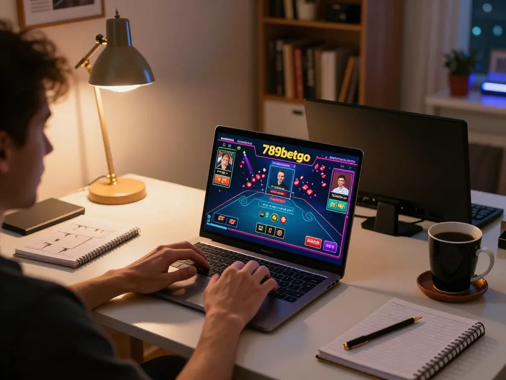 Engaged player enjoying 789betgo's live dealer game at home, showcasing strategic online gambling