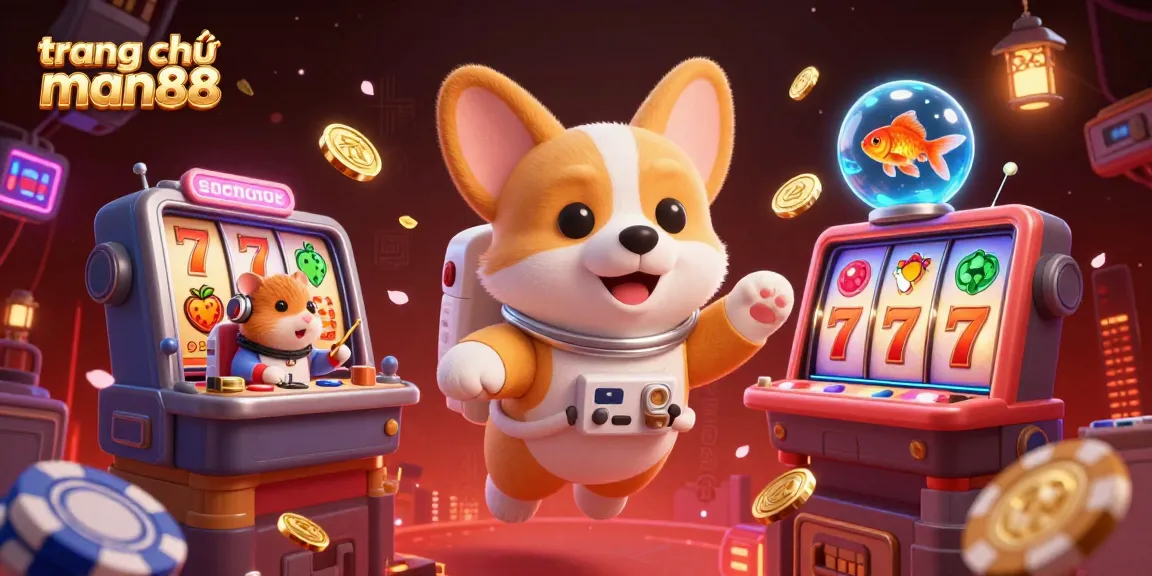 Experience fun at trang chủ man88 with a floating corgi in a dynamic casino scene.