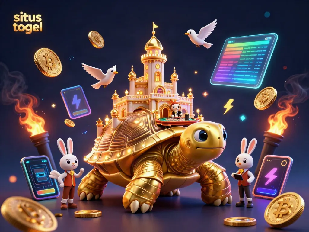 Join the excitement of situs togel with a vibrant 3D casino illustration featuring a golden tortoise and a rabbit dealer.