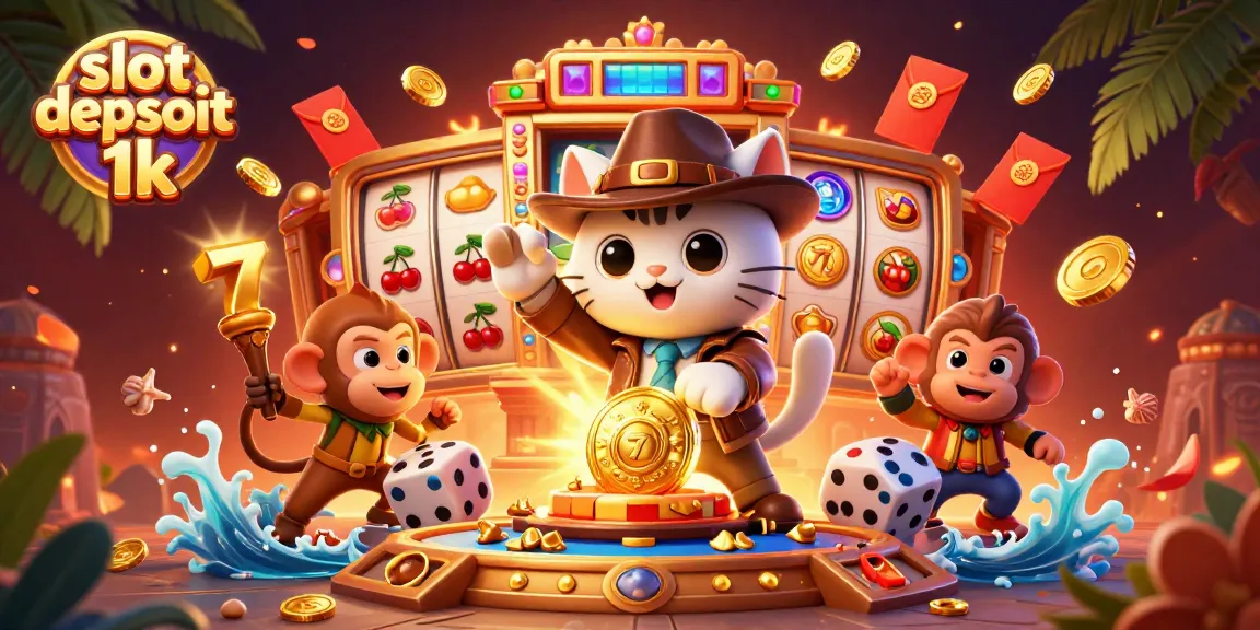 Spin and win with slot depsoit 1k, featuring a cartoon cat uncovering golden casino treasures.