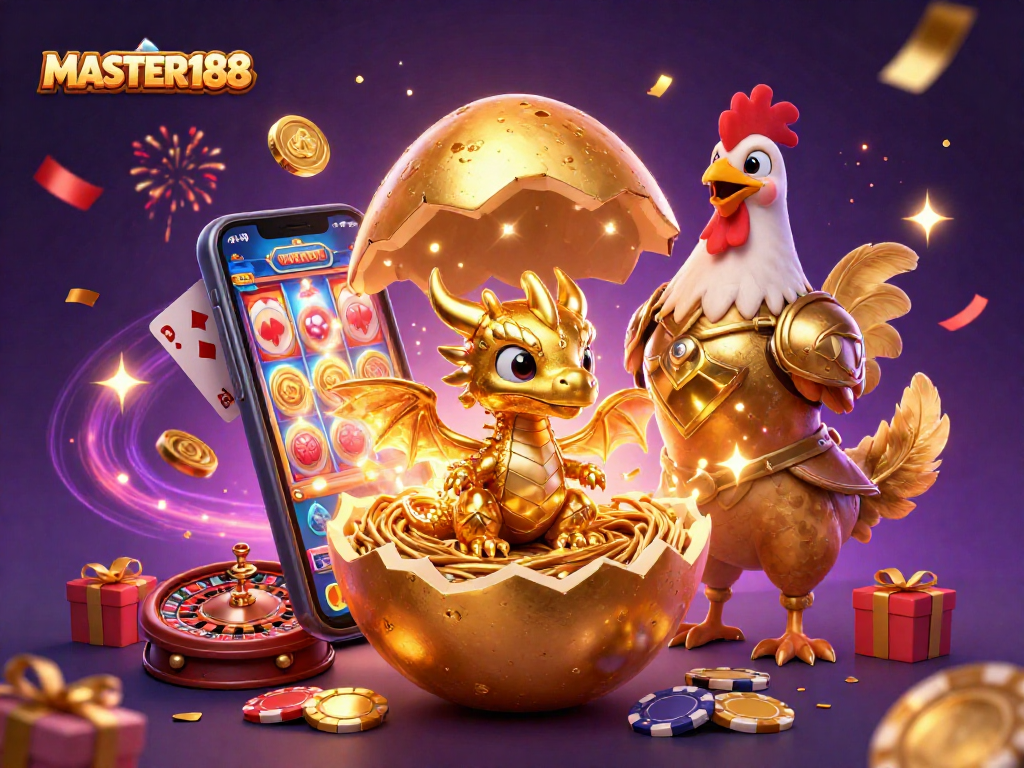 Engage with MASTER188's golden dragon revealing excitement in a vibrant gambling scene.