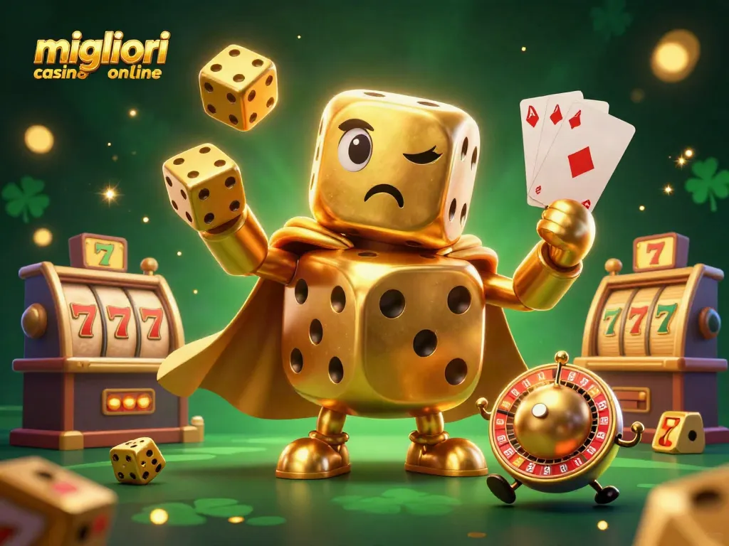 Giocando ai migliori casino online, un golem di dadi d'oro lancia dadi più piccoli in un universo scintillante.