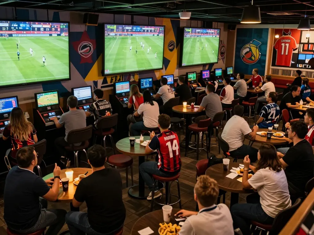 Bongdallu users engaging in dynamic sports betting while watching live games on large screens.