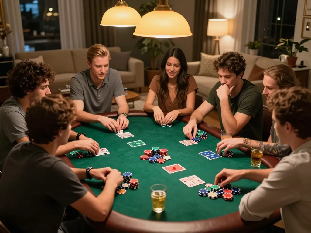 rokok88 players enjoy a lively poker game with colorful chips and strategic interactions.