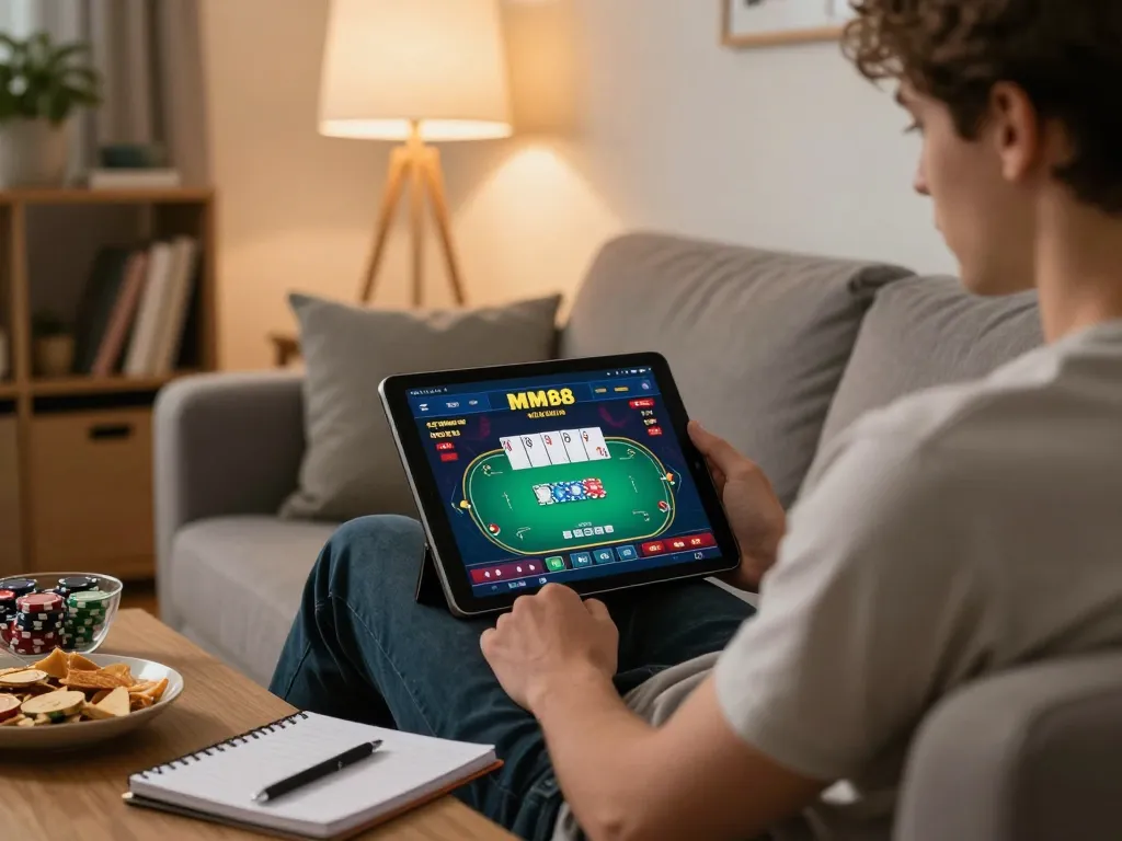 Player enjoying MM88 poker game on tablet with cozy home setting