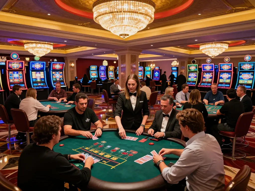 Players engaging in blackjack gameplay at a vibrant KJC casino, illuminated by ambient chandeliers.