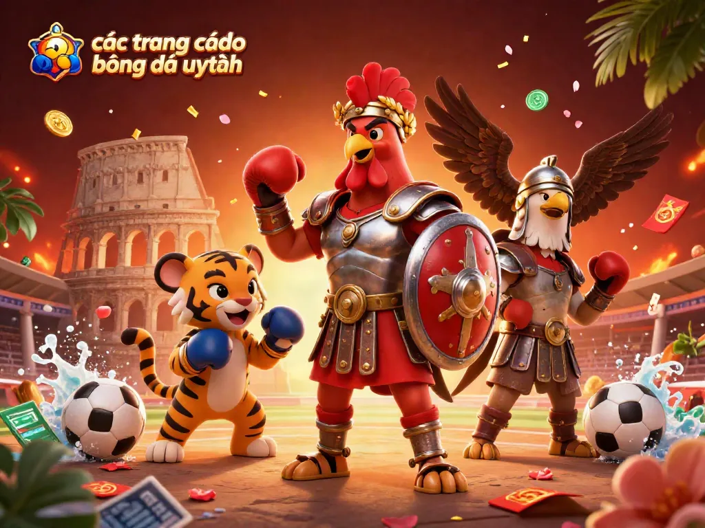 Các trang cá độ bóng đá uy tín hiển thị những trang cược bóng đá nổi bật với các nhân vật biểu tượng như gà đấu và hổ con.