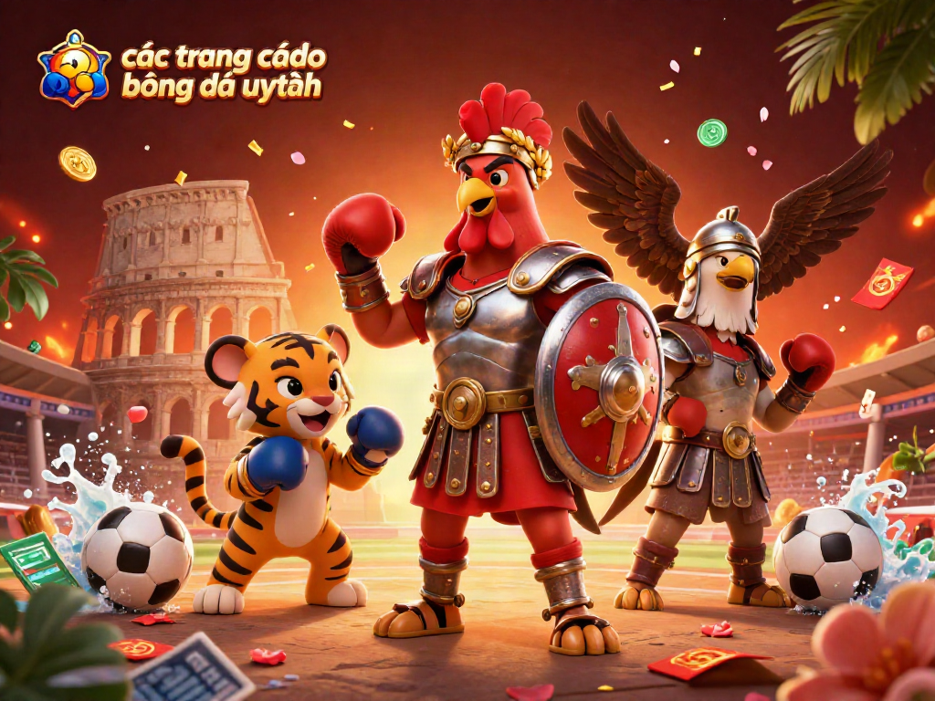 Các trang cá độ bóng đá uy tín hiển thị những trang cược bóng đá nổi bật với các nhân vật biểu tượng như gà đấu và hổ con.
