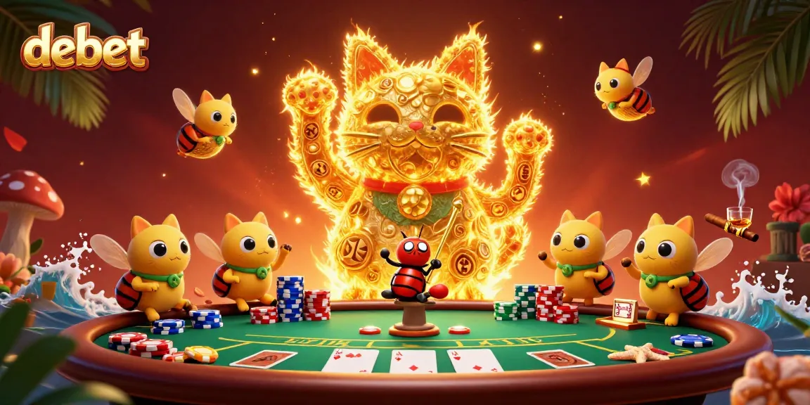 Experience debet's vibrant casino scene with animated lucky cat and poker elements.
