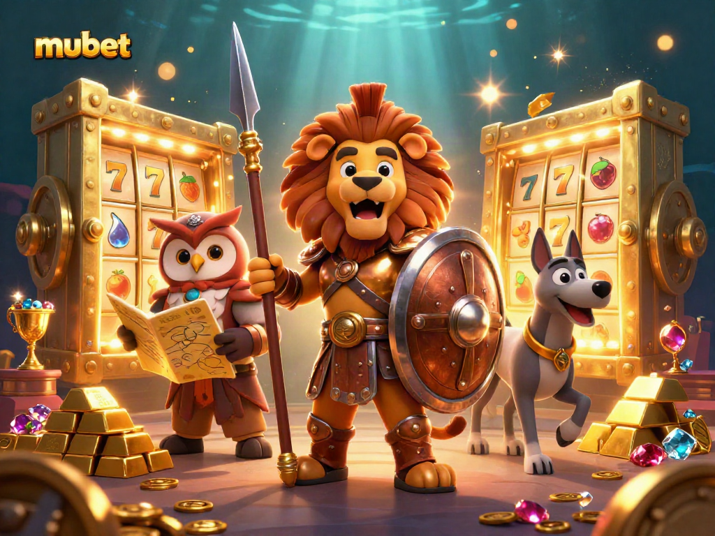 Engage in winning strategies with the mubet platform showcasing a Spartan lion, an owl, and a greyhound amidst golden treasure.