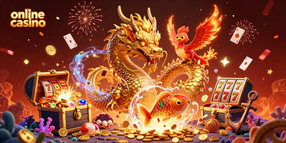 Experience the excitement of an online casino with vibrant imagery of a golden dragon, phoenix, and leaping koi fish.