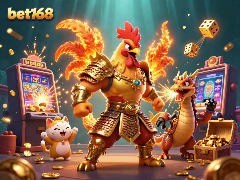Experience thrilling action with bet168 in a vibrant 3D casino illustration featuring colorful slot elements.