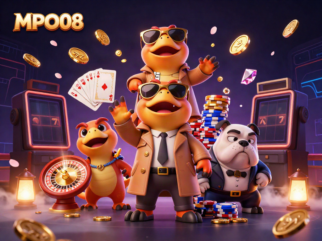 Experience the thrills of MPO08 through a whimsical 3D illustration with animated raptors entering a VIP casino lounge.