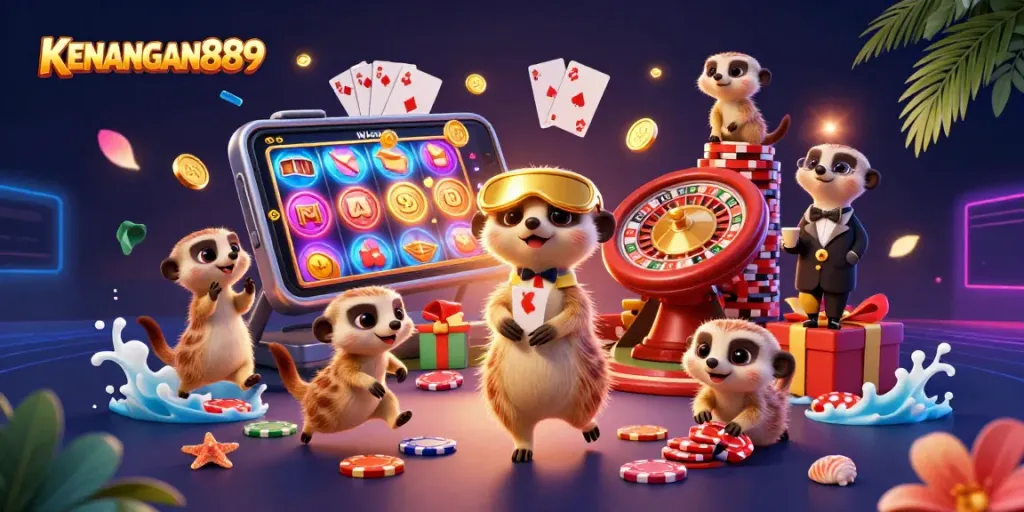 Play slots and win at KENANGAN889 with a dynamic meerkat casino scene filled with excitement.