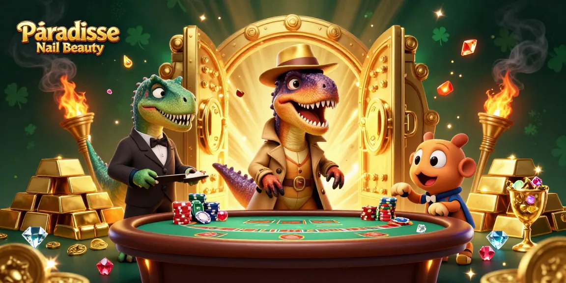 Experience the thrill of Paradise Nail Beauty with a cartoon velociraptor engrossed in blackjack.
