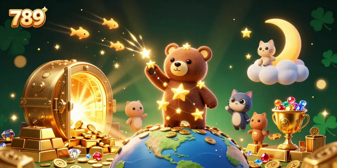 Win big in 789's exciting casino world, featuring golden treasures and 3D cartoon characters in action.