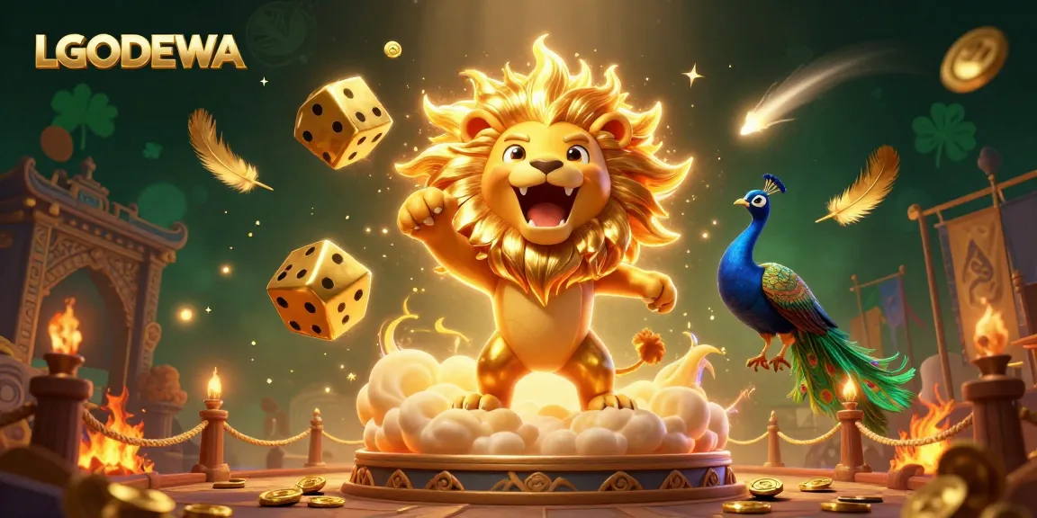 Experience LGODEWA's thrilling gaming scene with a roaring sun lion and vibrant golden elements.