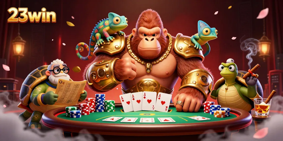 Experience the thrilling action at 23win with a powerful gorilla king and colorful casino elements.