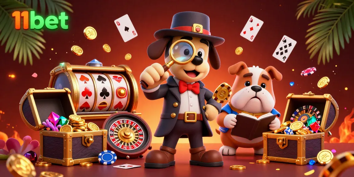 Experience the thrill of 11bet with a detective and bulldog discovering gaming treasures.