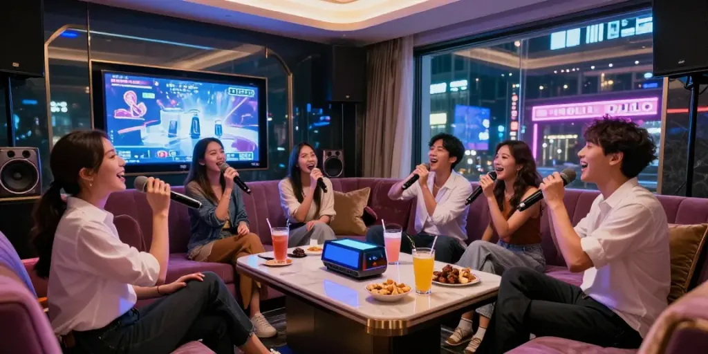 강남달토 프리미엄 가라오케에서 즐거운 친구들이 노래하는 모습