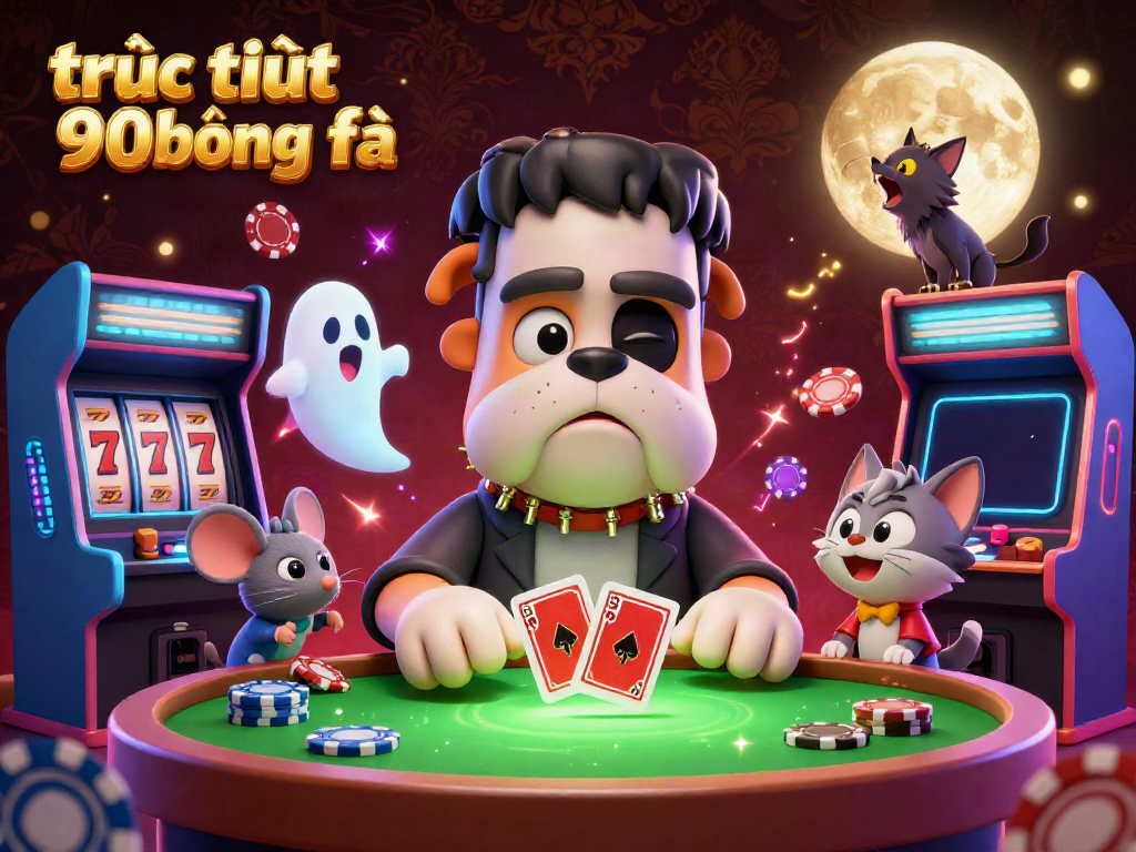 Engage in trực tiếp 90phut bóng đá with thrilling scenes of a 3D Frankenstein bulldog dealing poker at a vibrant casino table.