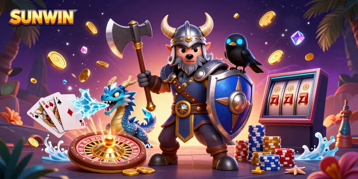Spin and win with SUNWIN's captivating casino scene featuring an adventurous Viking wolf.