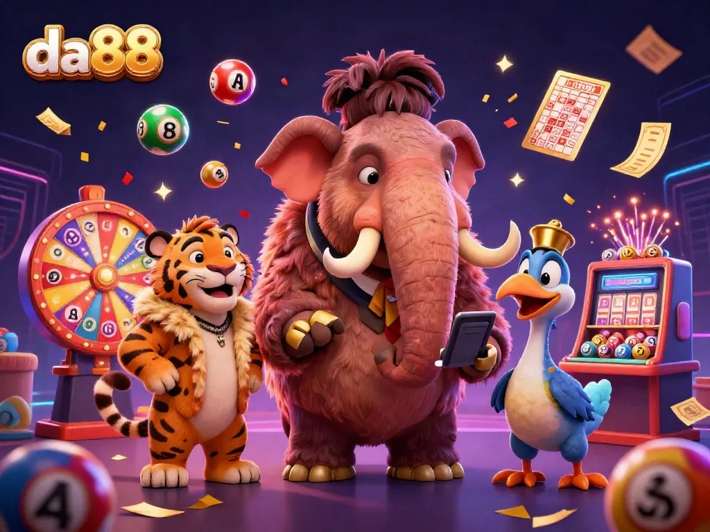 Experience da88 with a cartoon woolly mammoth bouncer, saber-tooth tiger guest, and dodo doorman, set in a vibrant casino scene.