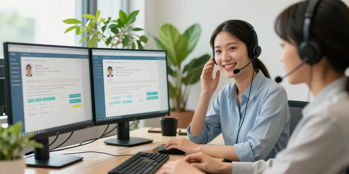 Atención al cliente de telefono etb en oficina moderna con representante amable.