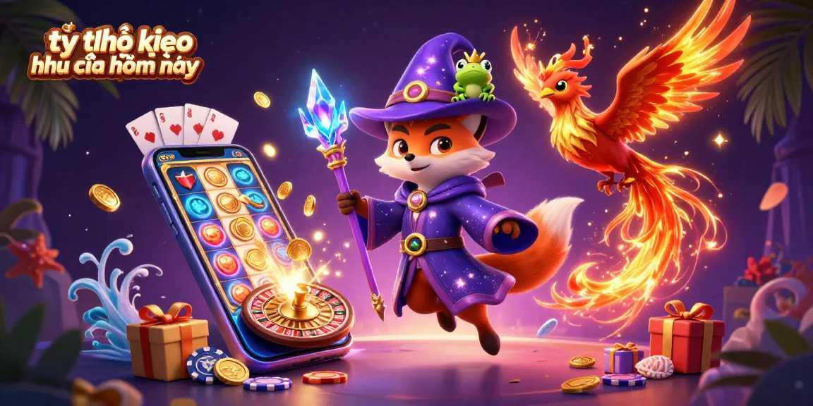 Engage with tỷ lệ kèo nhà cái hôm nay through a vibrant 3D illustration of a wizard, phoenix, and magical gaming elements.