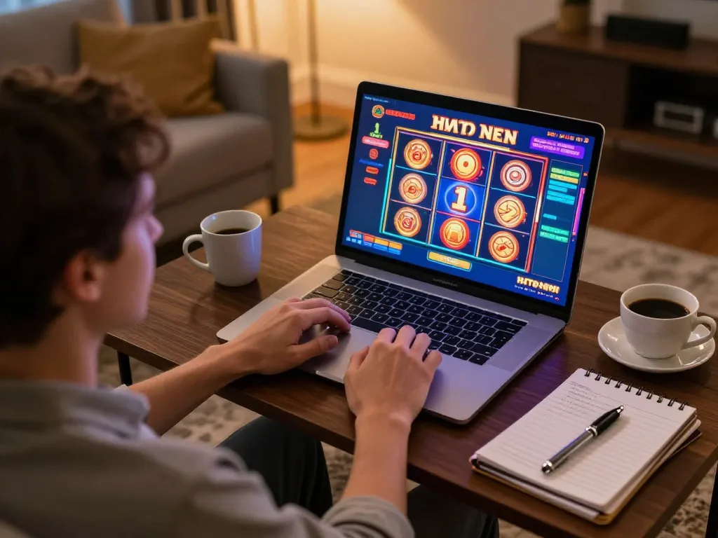Person enjoying online gaming at home using qh88go on laptop amidst a cozy atmosphere