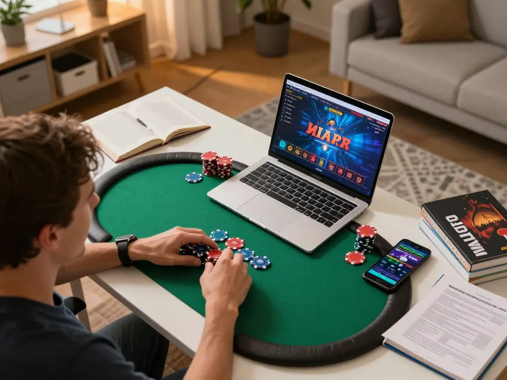 Engaging scene with a player enjoying maxpoker88 online poker, showcasing strategic gameplay and home comfort