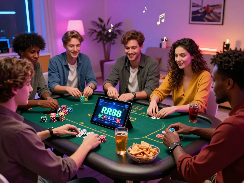 Exciting online gambling experience at https://rr88c.mobi/ with friends enjoying casino games and sports betting in a vibrant nightlife setting.