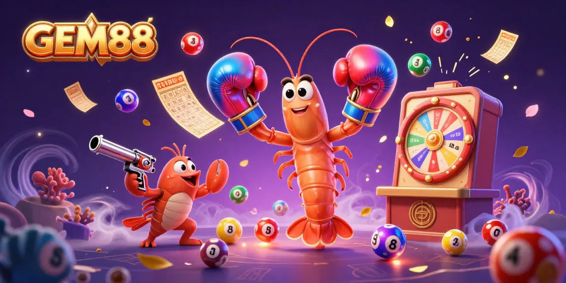 Experience thrilling gameplay with GEM88, featuring animated lottery balls and a lively sea creature duo.