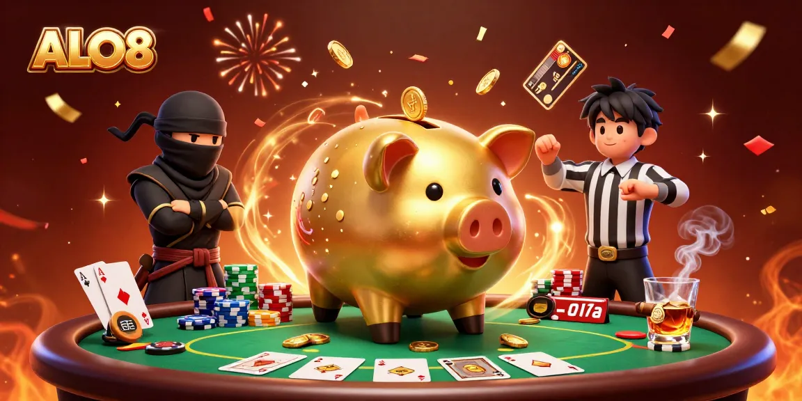 Experience the excitement of ALO8 with a golden piggy bank wrestler in a lively poker scene.