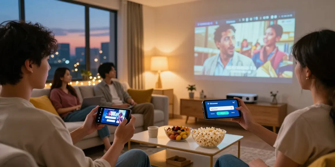 Pikashow APK download displayed on smartphone during cozy movie night with friends, showcasing fun home entertainment.