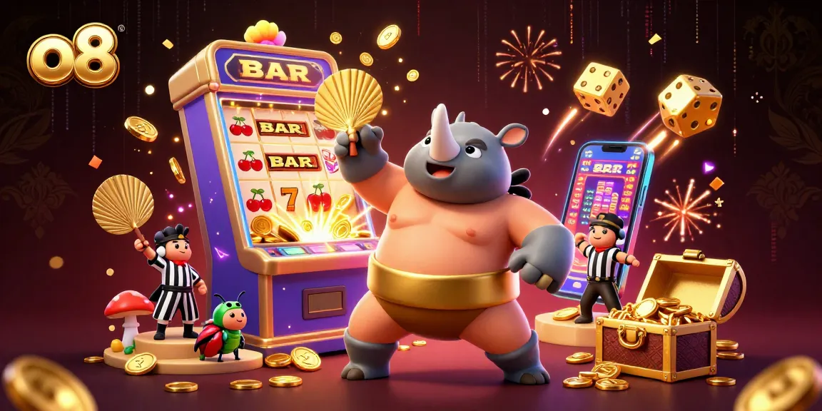 Experience the dynamic action of o8 with a sumo champion beetle amidst flying coins and vivid casino elements.