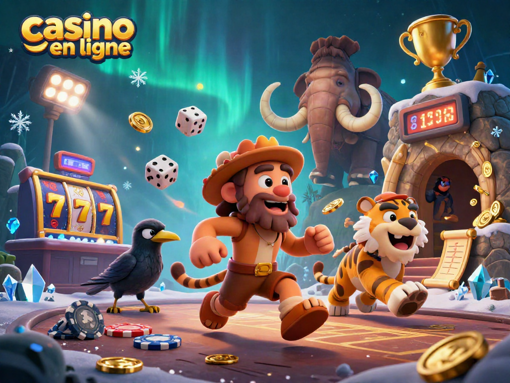 Jouer à casino en ligne avec un duo préhistorique, des symboles de jackpot et des éléments lumineux.