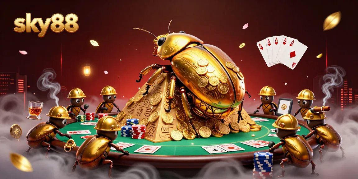 Experience the thrill of sky88 with a dynamic illustration of vibrant casino elements and energetic beetles.