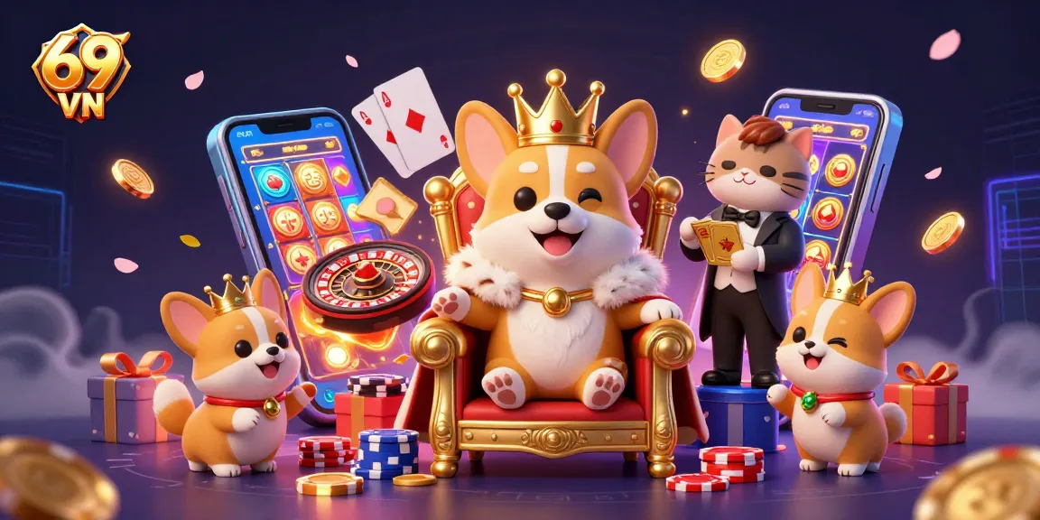 Experience the vibrant excitement of 69 VN with a royal corgi, golden cards, and festive casino elements.