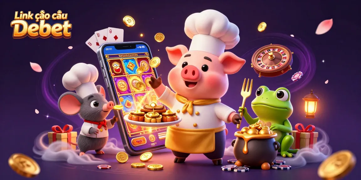 Engage with Link vào nhà cái Debet through a vibrant 3D casino scene filled with gold coins and game elements.